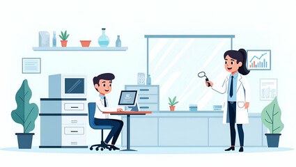 Flat Contemporary Stock Image of Stem Cell Genomics Lab: High-Resolution Imaging & Advanced Sequencing for Cellular Reprogramming Studies - Cute Vector Illustration for Smart Business Use