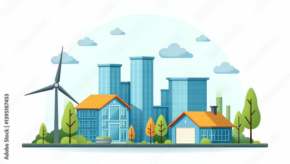 Poster flat vector illustration of an innovative sustainable energy facility with advanced renewable power 