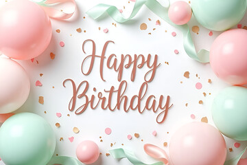 Pastel birthday banner with "Happy Birthday" written in elegant script, surrounded by soft pink and mint green balloons, confetti and ribbons, flat lay style, no people, light and airy atmosphere,