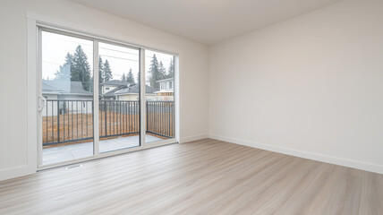 Bright, empty living room with large sliding glass door and hardwood floor