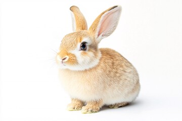Fototapeta premium A sweet little bunny rabbit, fluffy and calm, sits on a pristine white background, exuding innocence and gentle charm.