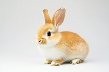 Obraz premium An adorable fluffy orange and white bunny rabbit sits peacefully against a soft, neutral background.