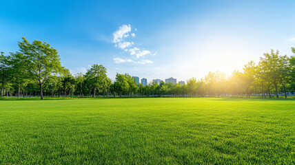 Obraz premium beautiful morning light illuminates public park with green grass and trees