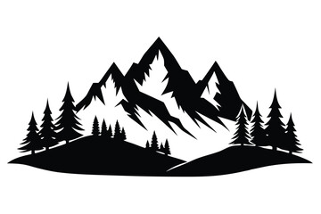 Black & White Mountain Peaks Silhouette, Evergreen Trees Landscape Illustration, Nature Design
