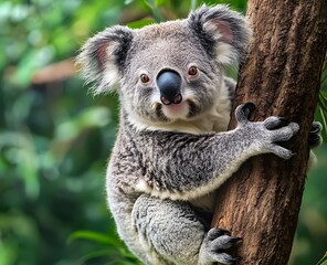 Obraz premium Koala clinging to a tree trunk in a lush green environment.