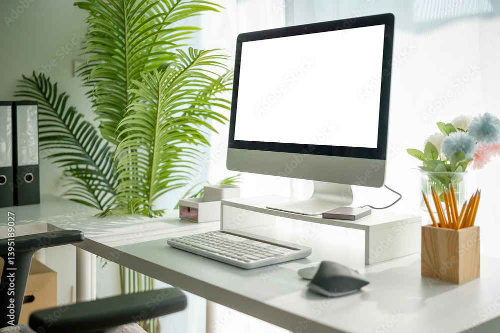 Poster home office featuring a desktop computer with a blank screen, allowing for customizable content.
