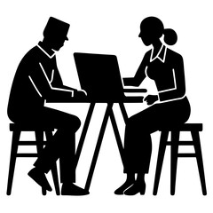 silhouette of a man working on a laptop, people working at a table in Silhouette Illustration, Coworking space with people sitting at the table.
