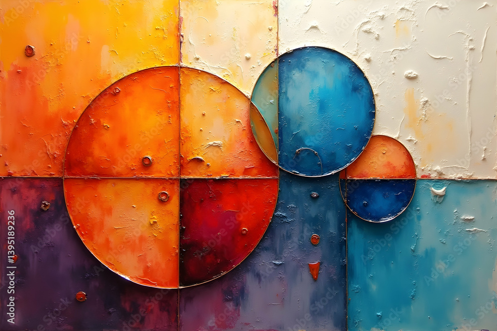 Poster vibrant abstract composition with geometric shapes and textured surfaces, creating a visually striki