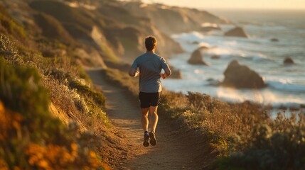 A man jogs energetically along a picturesque coastal trail as the sun begins to set, illuminating the rugged shoreline and crashing waves. The natural beauty enhances his workout