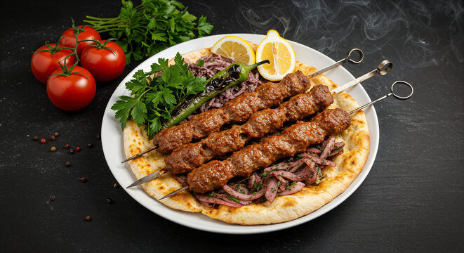 Turkish Adana shish Kebab  with fresh vegetables on flatbread in a white plate on a blackboard textured table, generative AI. food photography