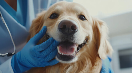 veterinarian checks the dog's teeth