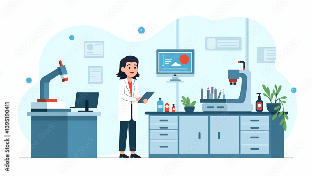 Aufkleber flat contemporary stock image of stem cell genomics lab with high-resolution imaging & advanced sequ