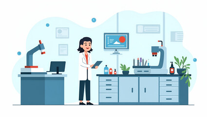 Flat Contemporary Stock Image of Stem Cell Genomics Lab with High-Resolution Imaging & Advanced Sequencing for Cellular Reprogramming Studies - Cute Vector Illustration