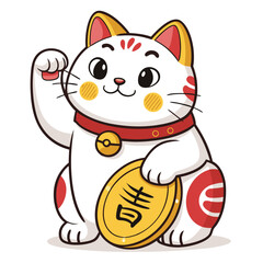 Create a bold, vector illustration of a Japanese Maneki-neko (lucky cat) with strong, graphic lines and vibrant colors.  M is incorporated subtly.