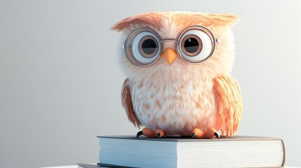 Cartoon Owl Wearing Glasses Sitting on a Book Stack Illustration
