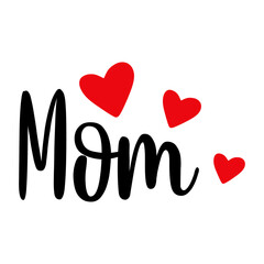 Día de la madre. Logo con palabra Mom con grupo de corazones