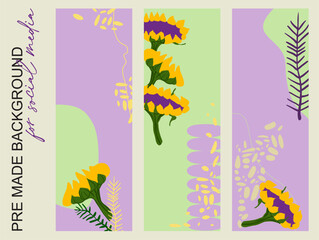 Set of three fully editable abstract backgrounds with botanical elements ready to use. Digital illustration for branding, advertising, printing