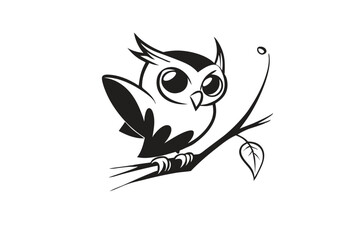 Minimalist Owl Icon on Branch, Black and White Illustration, Cartoon Bird Design, Cute Eyes