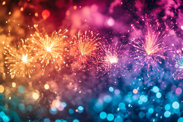 Fototapeta premium Vibrant Fireworks Display Over Crowded Carnival with Ferris Wheel and Amusement Rides at Night, Generative AI