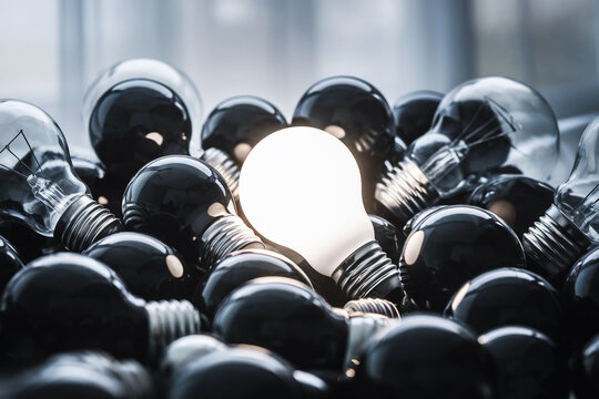 Close-up of a single illuminated lightbulb among many dark bulbs, suggesting a unique idea or solution, standing out from the crowd, symbolizing innovation and originality
