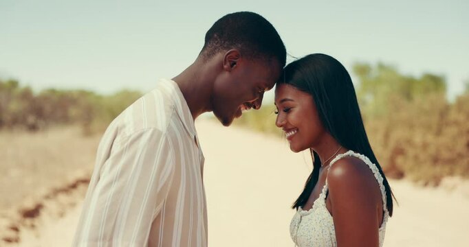 Happy, forehead touch and couple in countryside for holiday, vacation and weekend getaway in summer. Love, dating and people in nature for travel, sightseeing and adventure on road trip outdoors