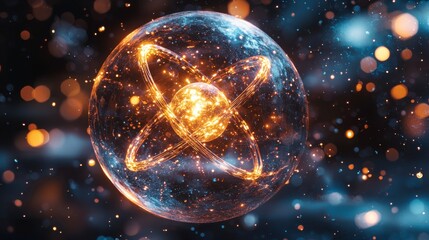 Glowing Atomic Structure Abstract Sphere with Orbiting Particles in Dark Space