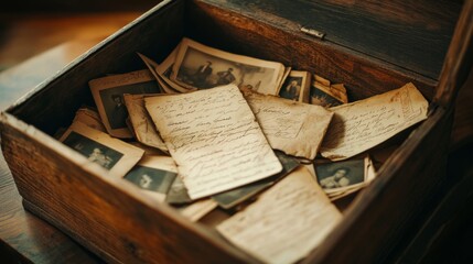 A wooden box brimming with vintage photographs and weathered letters captures nostalgia and history, evoking memories of bygone eras.