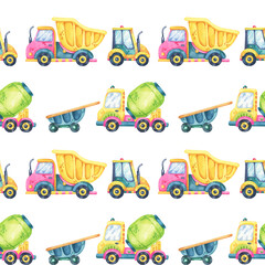 Naklejka premium Yellow dump trucks, green cement mixers, tractors, and blue wheelbarrow clipart. Seamless pattern watercolor illustration is great for kids fabrics, wrapping paper, and nursery decor