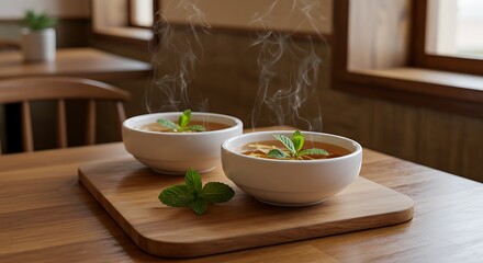 Serving Hot Herbal Tea with Fresh Mint on Wooden Tray