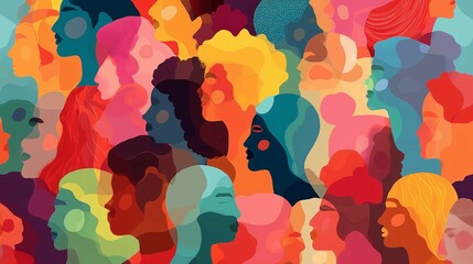 Vibrant and colorful illustration of diverse people from various ethnicities,DEI theme strategy.