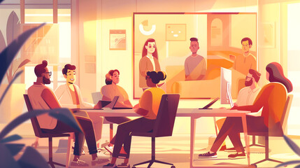 Illustration of diverse team meeting in a bright office with presentation and laptops on the table