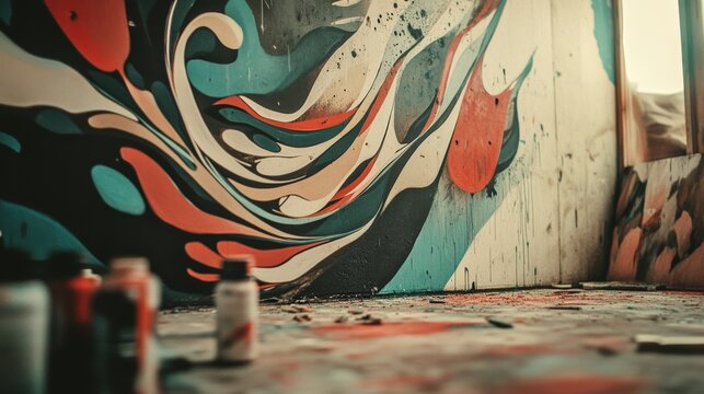 A vibrant graffiti mural with swirling patterns on a wall inside a studio, surrounded by paint bottles, embodying artistic chaos and creativity.