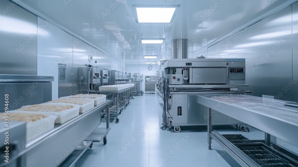 Poster A sleek industrial bakery features automated machinery efficiently processing bread dough in a spotless environment. Bright lights illuminate the modern design, enhancing productivity