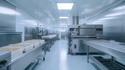 A sleek industrial bakery features automated machinery efficiently processing bread dough in a spotless environment. Bright lights illuminate the modern design, enhancing productivity