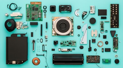 Fototapeta premium Disassembled hard drive showing platters on a cyan background