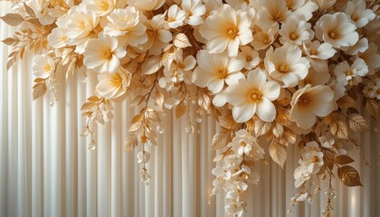 3d Wallpaper Elegant Floral Arrangement with Cream Flowers and Gold Leaves Against Backdrop
