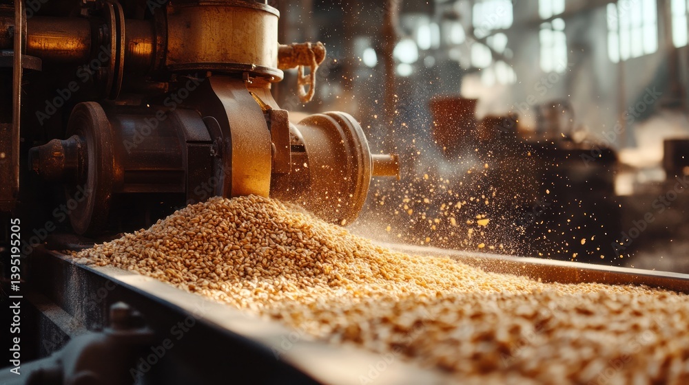 Aufkleber industrial grain processing: close-up of wheat being processed by machinery in a factory setting, sh
