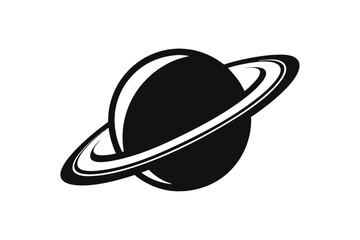 Black and White Planet Saturn Silhouette with Rings on Isolated White Background