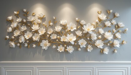 3d Wallpaper Floral Wall Art White Flower Arrangement with Gold Branches on Gray Wall