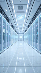 AI Technology Series 5 : Futuristic Data Center : Clean White Server Room Technology with Seamless Cable Management