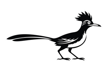 Elegant Black Roadrunner Illustration, Side View, Crested Bird Silhouette On White
