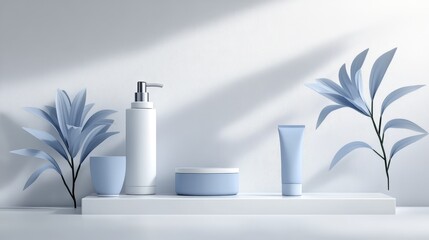 Stylish home decor, blue vases and white container on a minimalist shelf blue