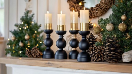 Elegant candle holders placed symmetrically on a mantle shelf