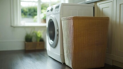 Fabric laundry hamper placed next to a washing machine in utility room