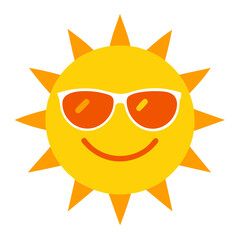 Flat Style Sun Vector Illustration – Bright Colors, Sunglasses, and Happy Expression isolated on transparent background