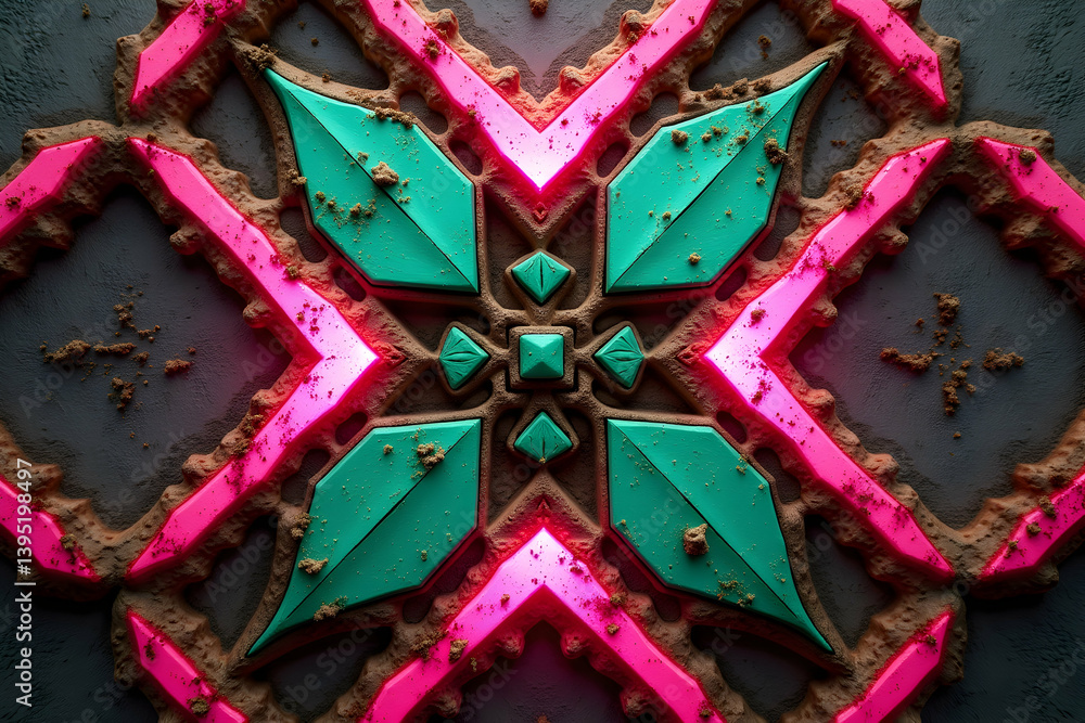 Poster vibrant geometric composition, a symmetrical interplay of intricate patterns and neon accents creati