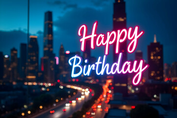 Vibrant Happy Birthday Neon Sign Illuminating a Cityscape at Night with Cars and a Bold Cursive Font Displaying Joy and Celebration
