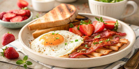 Breakfast plate, sunny side up egg, crispy bacon strips, toast slices, fresh strawberries, white ceramic plate, wooden table, coffee cup, morning light, rustic setting, appetizing meal,