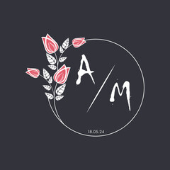 initial monogram wedding with creative circle line flower.