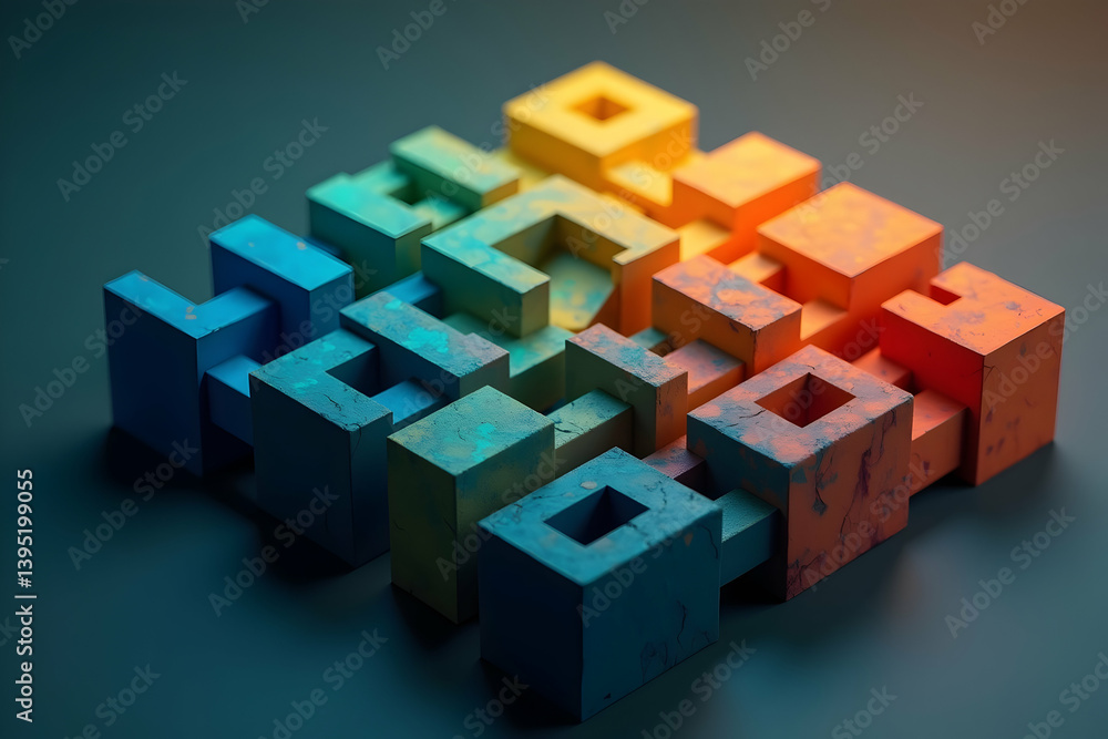Poster vibrant interlocking blocks, a high-resolution abstract design exploring interconnectivity and moder